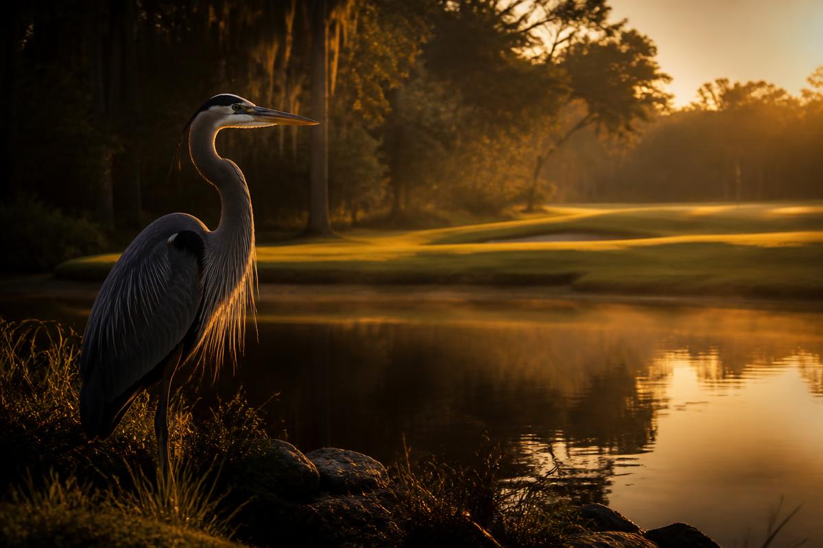 Great blue heron beside a golf course pond